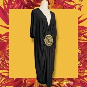 Ashley Stewart Black Jersey Knit Gathered Gold Beaded Medallion Accent Dress 26